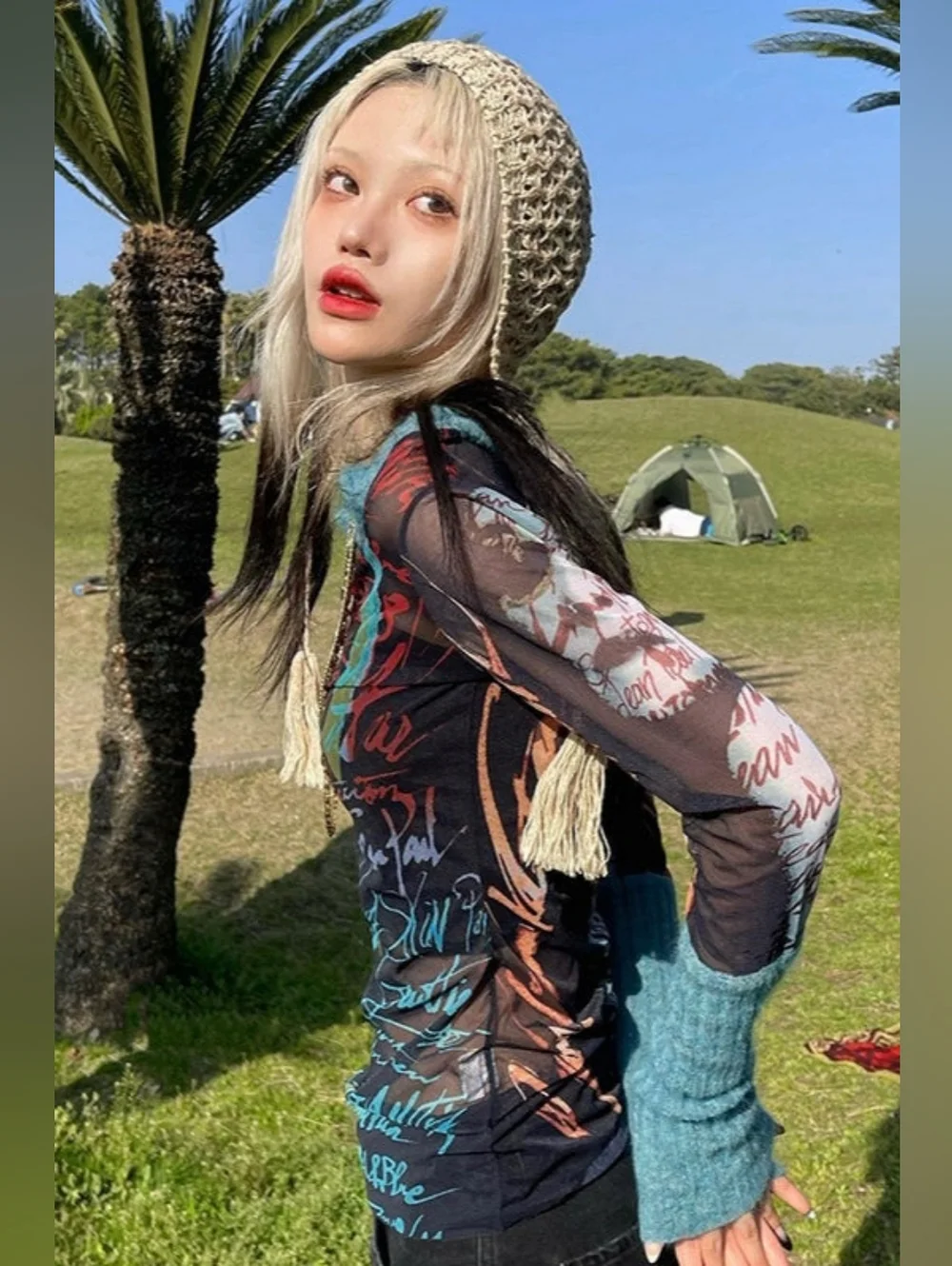 Y2K Vintage Sheer Slim Top Long Sleeve Round Neck Pattern Print Mesh Patchwork S - Picture 3 of 17